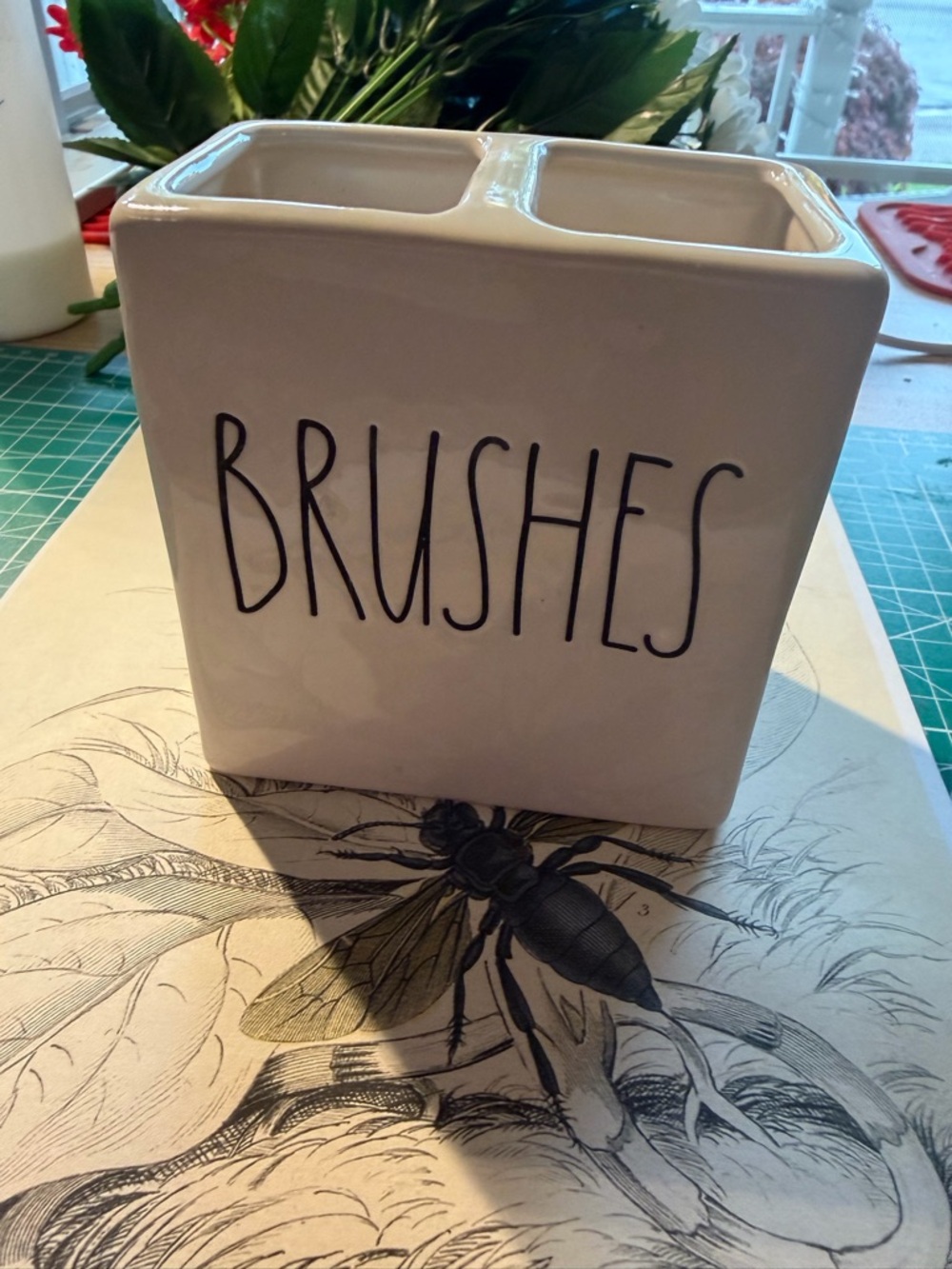 Rae Dunn White Ceramic Container with Black Lettering—BRUSHES